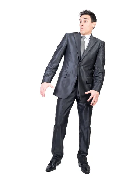 Full Length Surprised Young Male Entrepreneur Dark Hair Formal Suit — Stock Photo, Image