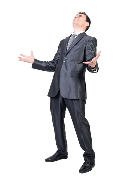 Full Length Sad Suffering Man Elegant Suit Dark Hair Standing — Stock Photo, Image