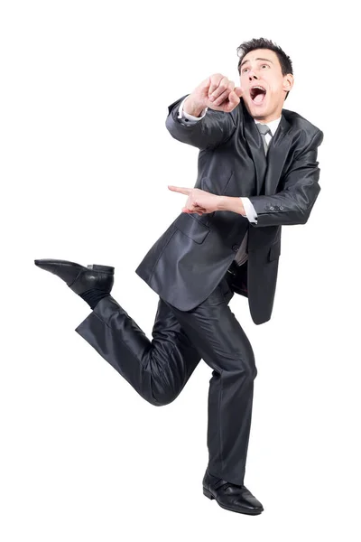 Full Body Crazy Young Male Entrepreneur Dark Hair Formal Outfit — Stock Photo, Image