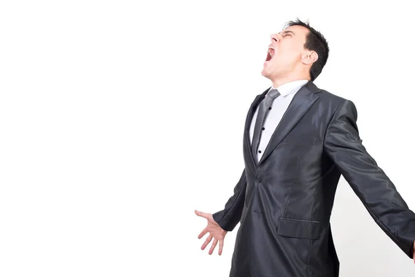 Frowning Male Office Worker Formal Suit Spreading Arms Yelling Closed — Stock Photo, Image