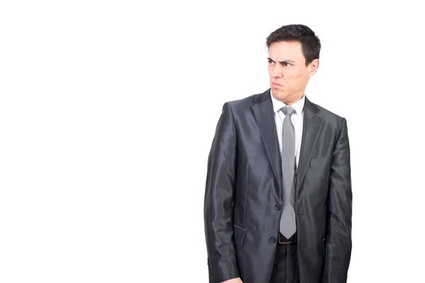 Macho Desagradável Com Cabelo Preto Terno Formal Franzindo Testa Sentindo — Fotografia de Stock