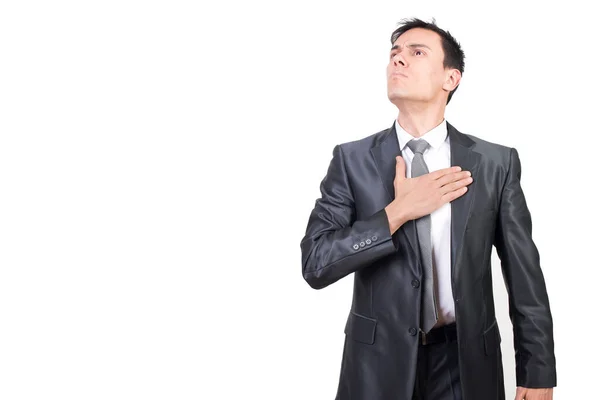 Confident Male Patriot Keeping Hand Chest Gesture Responsibility Pledge Allegiance Stock Photo