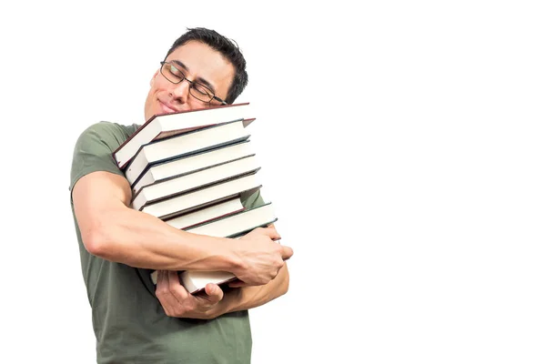 Nerd Hombre Gafas Sonriendo Abrazando Pila Libros Favoritos Con Los —  Fotos de Stock