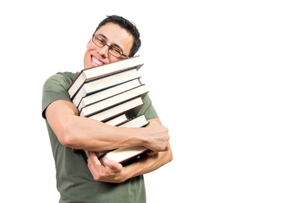 Buon Uomo Shirt Verde Bicchieri Abbracciando Mucchio Buoni Libri Guardando — Foto Stock