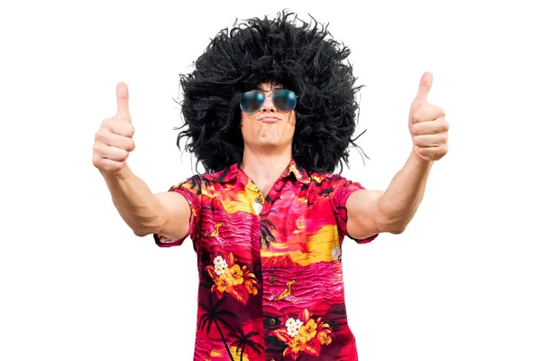 Positive Man Vivid Shirt Sunglasses Afro Wig Pouting Lips Gesturing Stock Image