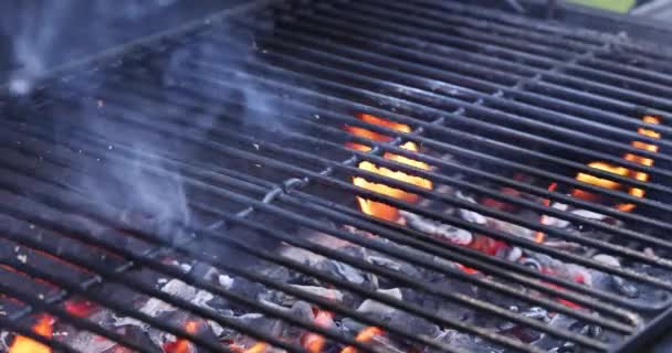 Grillning eld flammande med tom svart grill grillar med ljusa flammande — Stockvideo