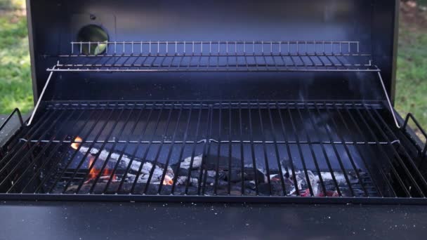 Порожні грилі барбекю з палаючим вугіллям під відкритим вогнем, пристрій для приготування їжі як м'яса, морепродуктів, курки — стокове відео