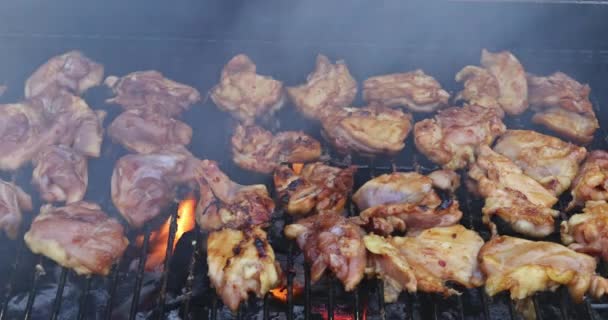 Close up teriyaki kip op open vuur BBQ grill met gegoten metalen rooster om te roken — Stockvideo