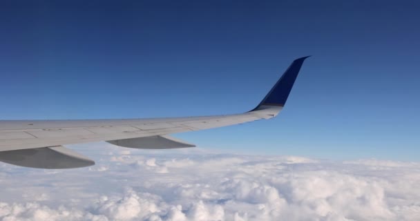 Jasná modrá obloha pod vysokými mraky se nachází horní pohled s křídlem letadla — Stock video