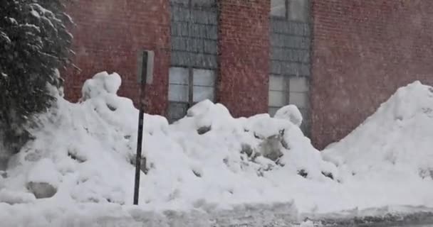 Kraftigt snöfall på gatorna, hus snöiga. — Stockvideo