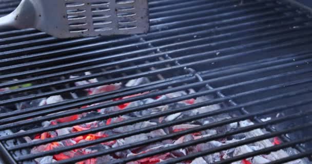 Гриль барбекю в літній вечірці з палаючим вугіллям під відкритим вогнем, пристрій для приготування їжі — стокове відео