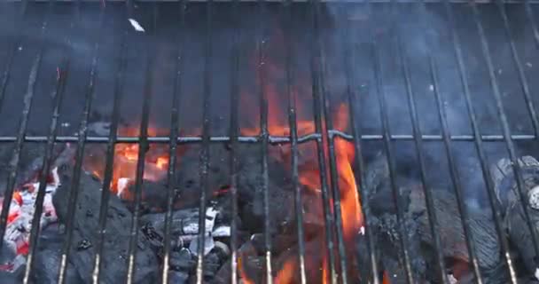 Άδειο μπάρμπεκιου σχάρες με φλεγόμενο κάρβουνο από ανοιχτή φωτιά, μια συσκευή για μαγείρεμα των τροφίμων, όπως mea, θαλασσινά, κοτόπουλο — Αρχείο Βίντεο