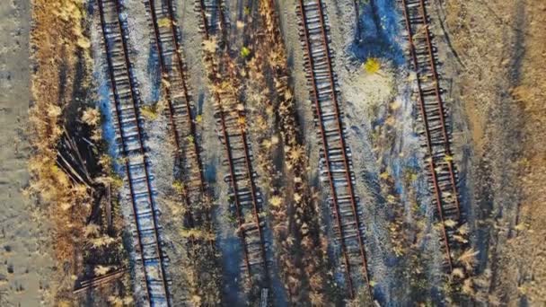 Aerial view of railroad station at trains and carriages in a sump. — Stock Video