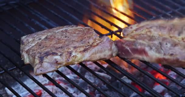 Sült lángok ízletes grillezés sertés steak egy barbecue a tűz felett — Stock videók