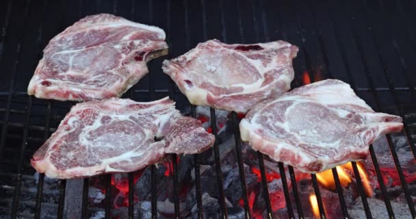 Lahodný šťavnatý vepřový steak na grilu — Stock video