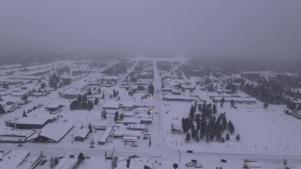 雪に覆われた家の空中トップビュー、霜の多い冬の天候の時間に駐車車の木 — ストック動画