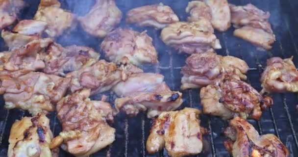 Close up teriyaki kuře na otevřeném ohni gril BBQ s litým kovovým roštem pro uzení — Stock video