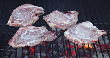 Kızarmış alevler leziz ızgara domuz bifteği ateşte ızgara.