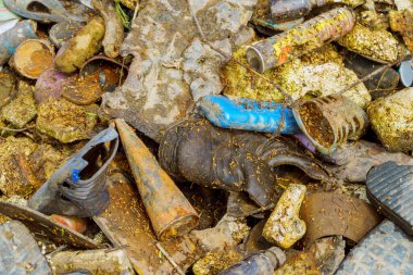 Nehir kenarındaki çöpleri temizleyen gönüllüler göldeki plastik şişeleri, kirliliği ve çevreyi temizliyorlar.
