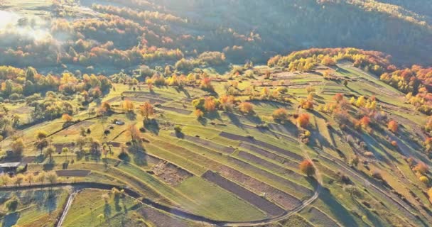 Otoño prados paisaje bajo los picos de las montañas campo rural — Vídeos de Stock