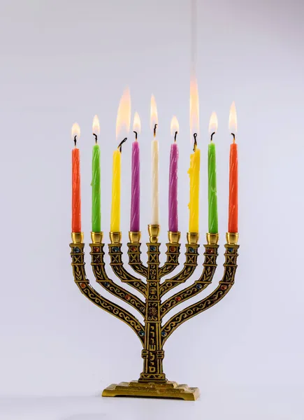 Jewish Holiday Hanukkah Symbols Menorah Copy Space White Background — Stock Photo, Image