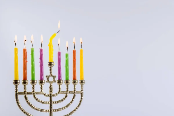 Fiesta Tradicional Judía Con Velas Encendidas Para Noche Hanukkah Menorah —  Fotos de Stock