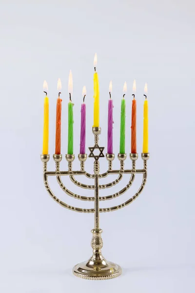Joodse Vakantie Hanukkah Symbolen Van Menorah Met Kopieerruimte Witte Achtergrond — Stockfoto