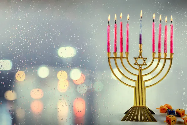 Día Fiesta Judía Hanukkah Símbolos Menorah Con Espacio Copia Fondo —  Fotos de Stock