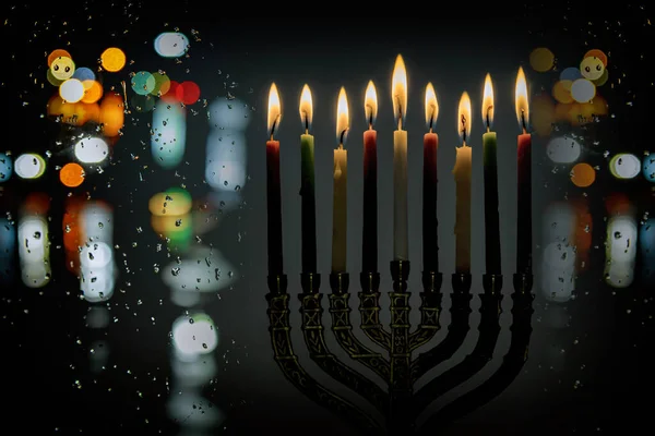 Religión Judía Símbolo Fiesta Para Hanukkah Hanukkiah Menorah Con Velas —  Fotos de Stock