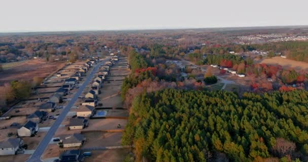 Aerial view of houses by rural road in Boiling Spring South Carolina with colorful autumn fall trees foliage — Stock Video
