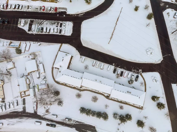 Vista Aérea Del Día Invierno Nevado Con Techos Casa Cubiertos — Foto de Stock