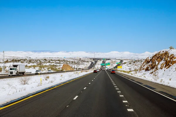 Panorama View Snowy Mountain Desert Snowstorm Arizona Winter Snow Interstate — Stockfoto
