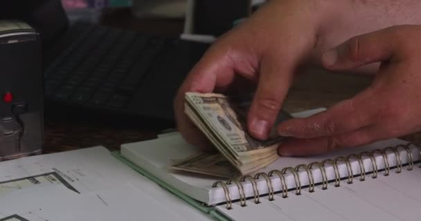 Dolar banknotları sayan muhasebeci masanın üzerindeki dolarlarla birlikte paraları sayar. — Stok video