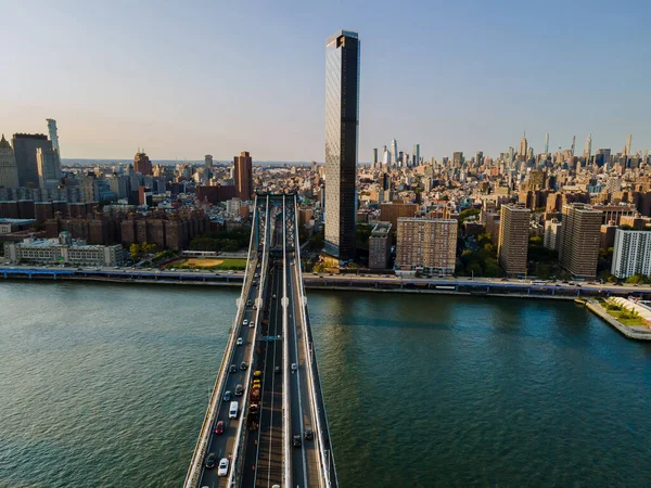 Aerial Panoramic View Urban Manhattan Skyline Residential Buildings Manhattan Bridges — стоковое фото
