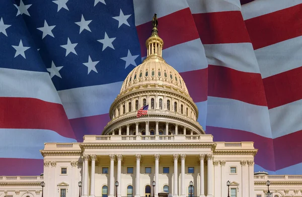 华盛顿特区美国国会大楼高举美国国旗 — 图库照片
