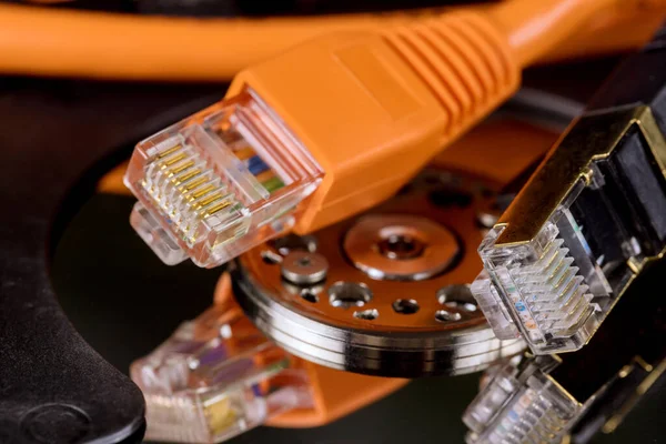 Transfer Informasi Kabel Jaringan Ethernet Penyimpanan Informasi Server Dengan Backup — Stok Foto