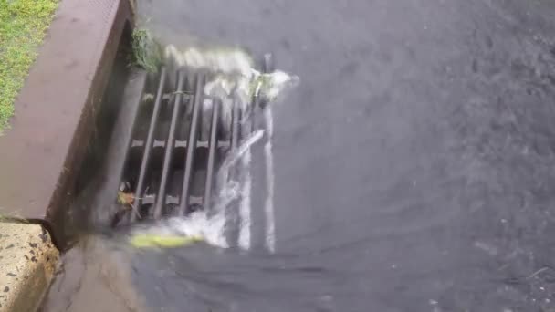 Charco sucio en la carretera en el drenaje del agua en la carretera — Vídeos de Stock
