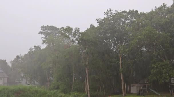 Grandes chutes de pluie, ruisseau d'eau de pluie du toit d'une maison déborde dans la ville en été — Video