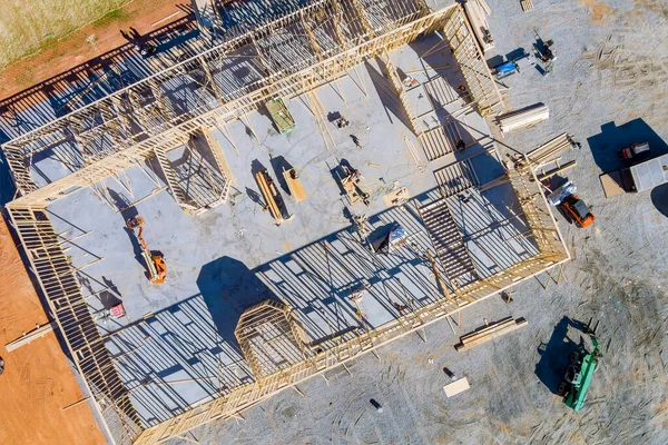 Top Aerial View New Home Construction Framing Beams Stick Built — Stock Photo, Image
