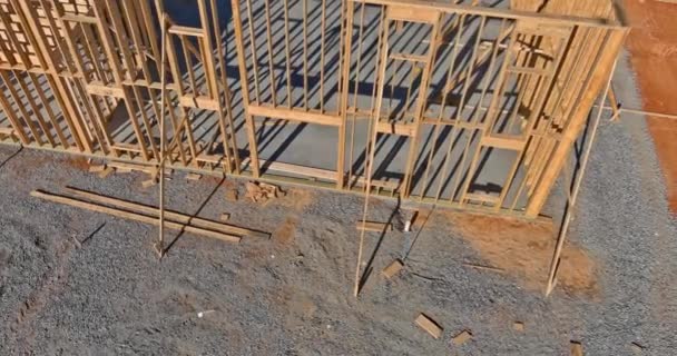 Timber frame house stick built home under construction new build with wooden truss, beam framework — Stock Video