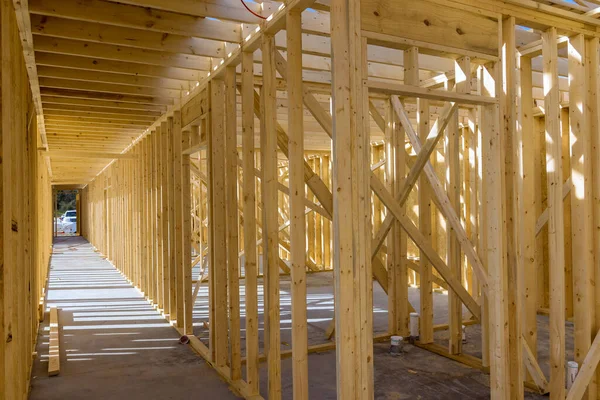 Residential House Wooden Frame Construction Beams House Installation Roof House Stock Photo
