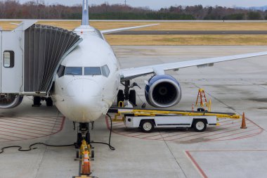 Loading of cargo containers to plane at preparing airplane before flight during sunny day