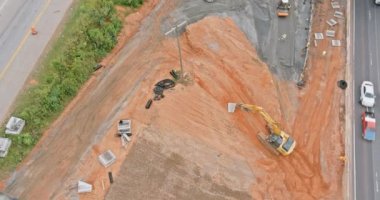 Overhead view of under construction works in highways of a 85 interchange freeway