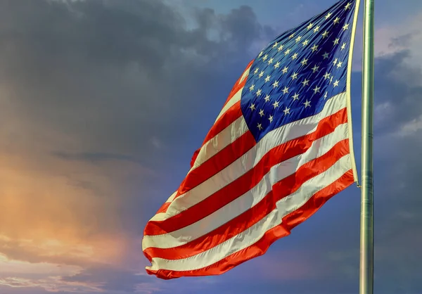 Flag Great Country United States American Being Waved Sunset Sky — стокове фото