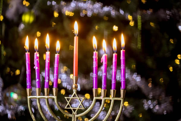 Judisk Religion Semester Symbol För Hanukkah Hanukkiah Menorah Med Brända — Stockfoto