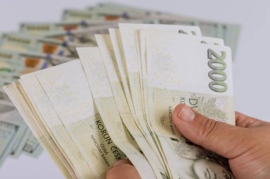 Çek Koruna banknotlarını kağıt para sayan adamla yakın plan çek