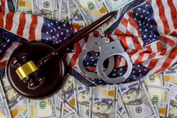 Arresto Financiero Estadounidense Propiedad Económica Regulación Sanciones Con Bandera Billetes — Foto de Stock