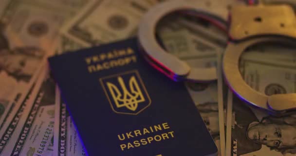 Arrest sanctions handcuffs punishment dollars in passport Ukraine of light flasher police — Stock Video