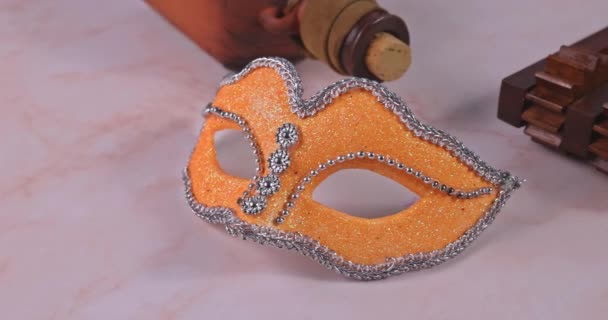 Jewish carnival Purim celebration on hamantaschen cookies, noisemaker and mask — Stock Video