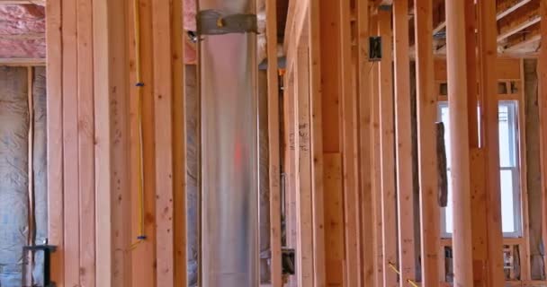 Closeup new stick built home under construction under framing structure wood frame buildingconstruction — Stock Video